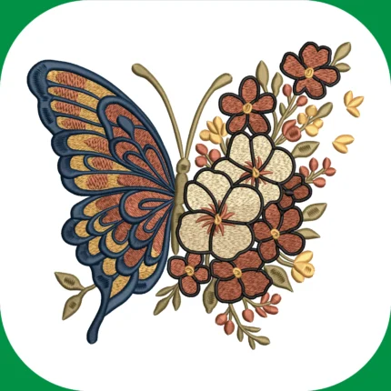 Floral butterfly machine embroidery design with decorative flowers and butterfly details available in 4 embroidery sizes.