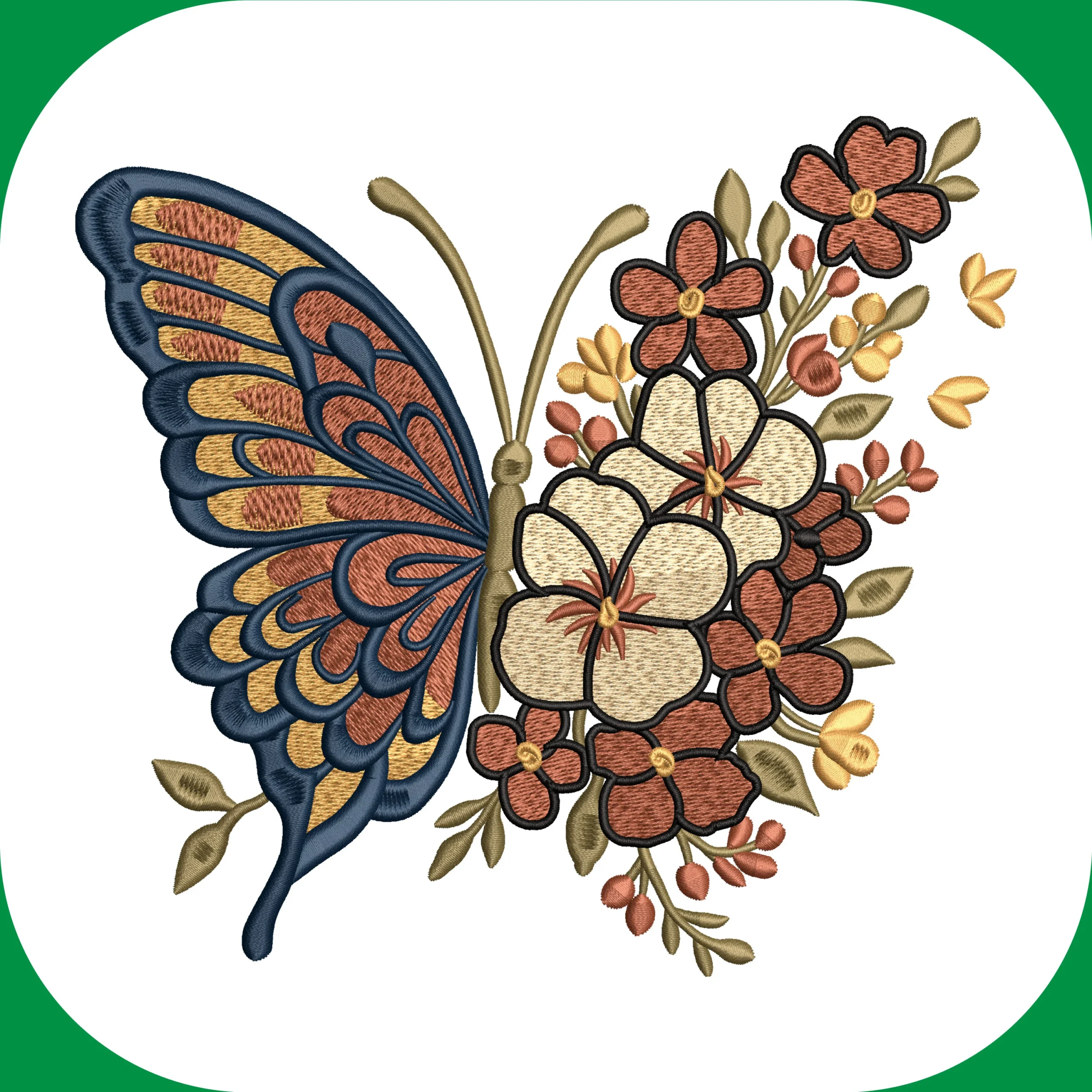 Floral Butterfly Embroidery Design Machine Embroidery File 4 Sizes Floral butterfly machine embroidery design with decorative flowers and butterfly details available in 4 embroidery sizes.